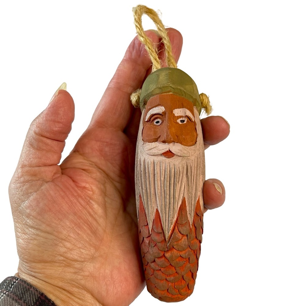 Vintage Folk Art Carved Pinecone Santa Face Textured 5” Christmas Ornament